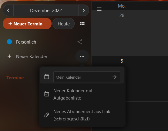 Neuer Kalender hinzufügen