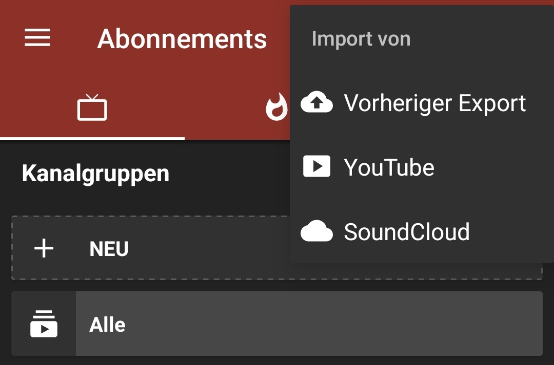 Screenshot der Kanäle-Import-Funktion in NewPipe