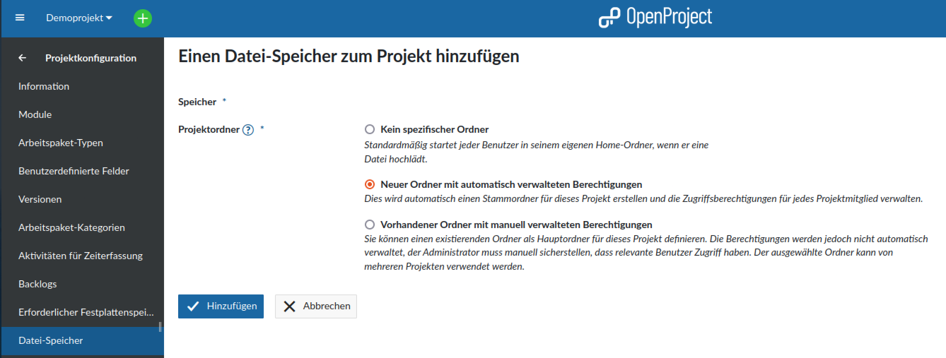 Open Project Nextcloud Speicher hinzufügen
