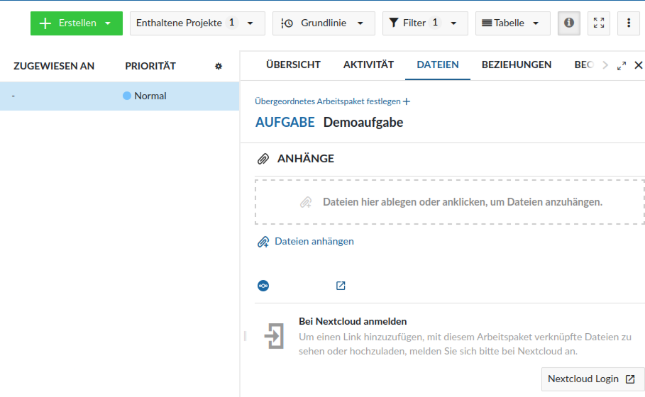 Open Project bei Nextcloud anmelden