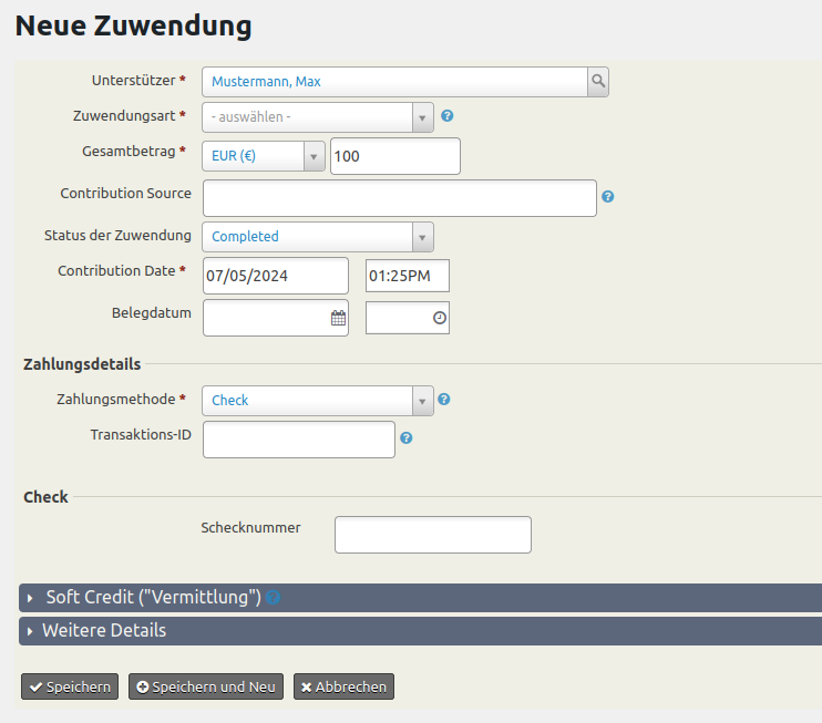 Neue Zuwendung erstellen